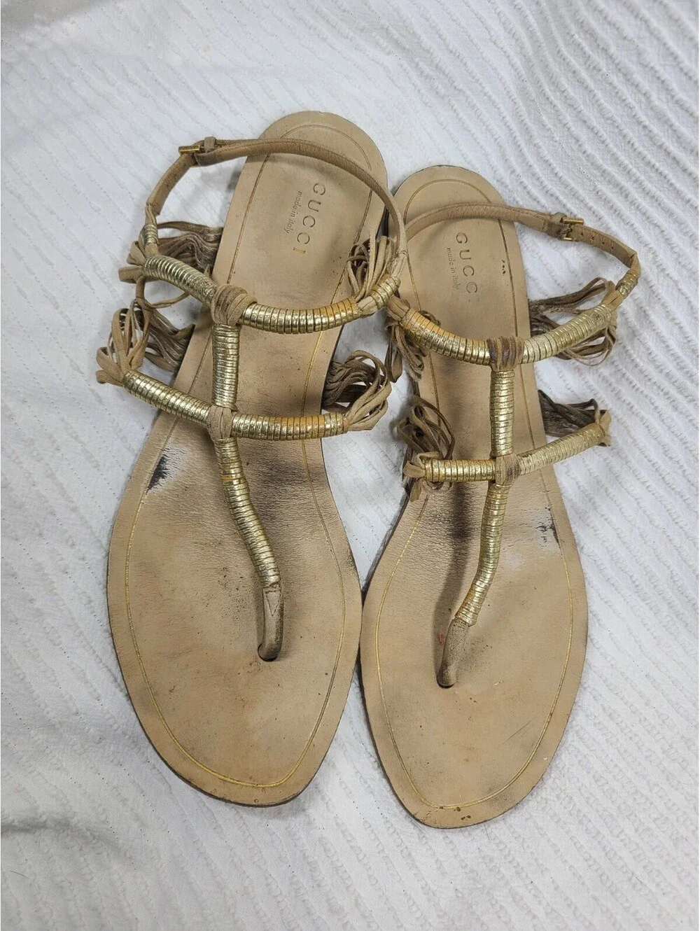 Gucci Suede Rattan Sandals Wrapped Gold Ankle Buckle 39.5 9.5 AsIs Worn